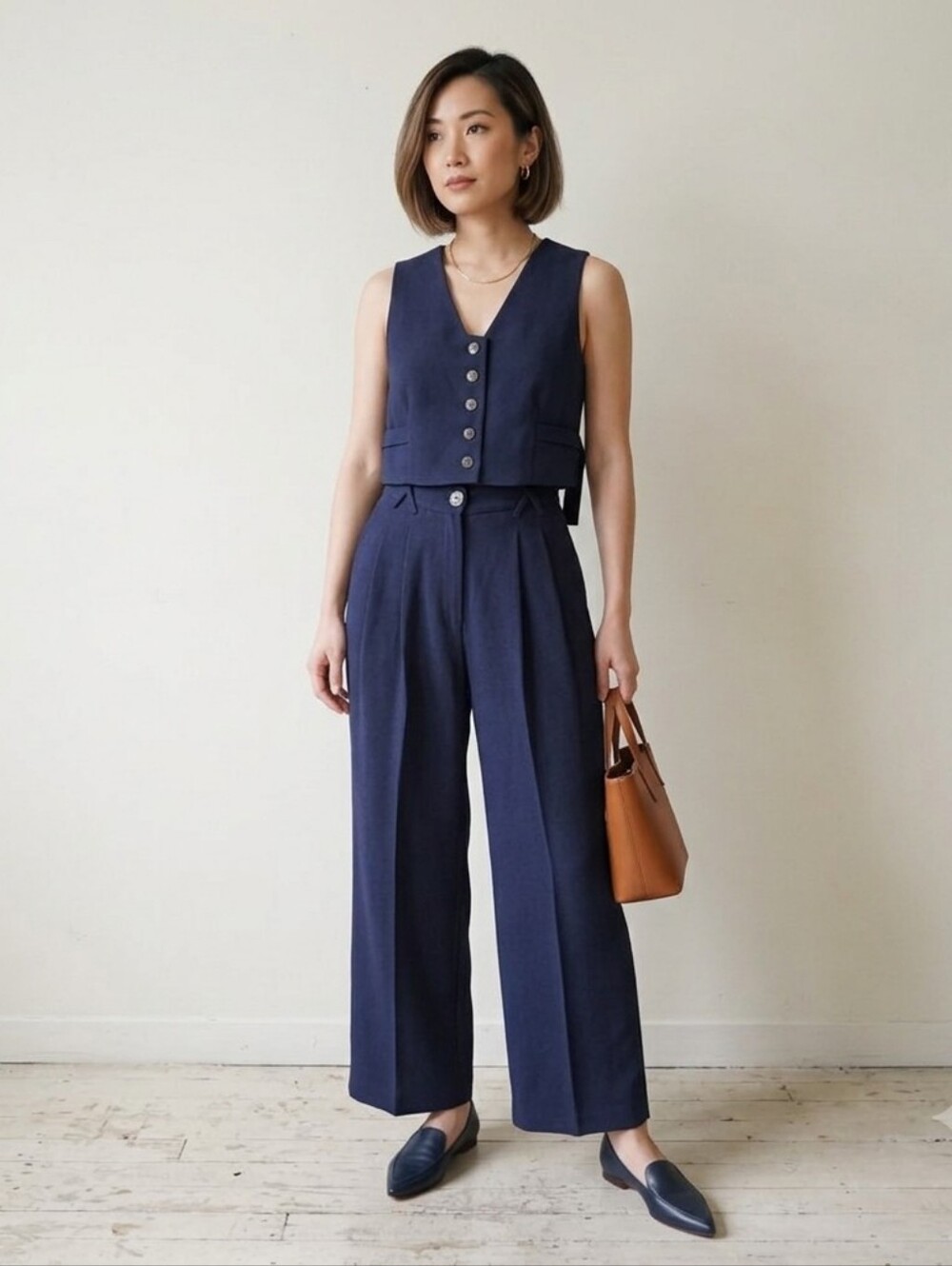 Vintage 90s Wool Suit Set Navy Cropped Vest & High-Waist Wide Leg Pants Size 2/3